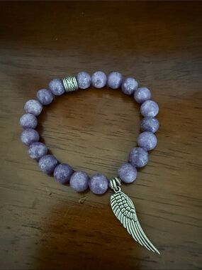 Purple Lepidolite Bead Bracelet with Silver Angel Wing Charm